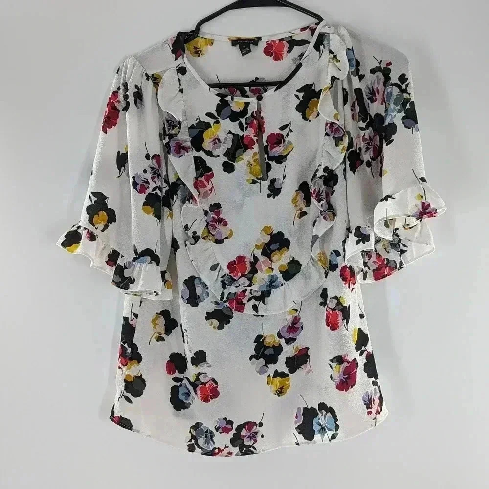 Ann Taylor White Floral Bib Ruffle Keyhole Neckline Basic Lightweight Blouse XS